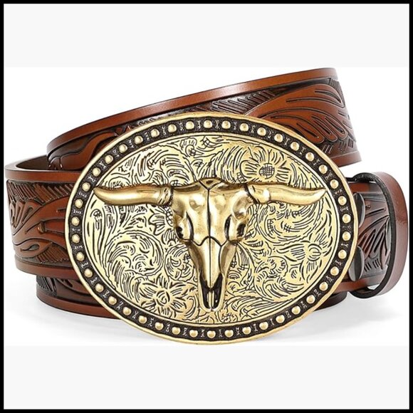 Western Leather Belt with Bull Buckle for Jeans main image 5